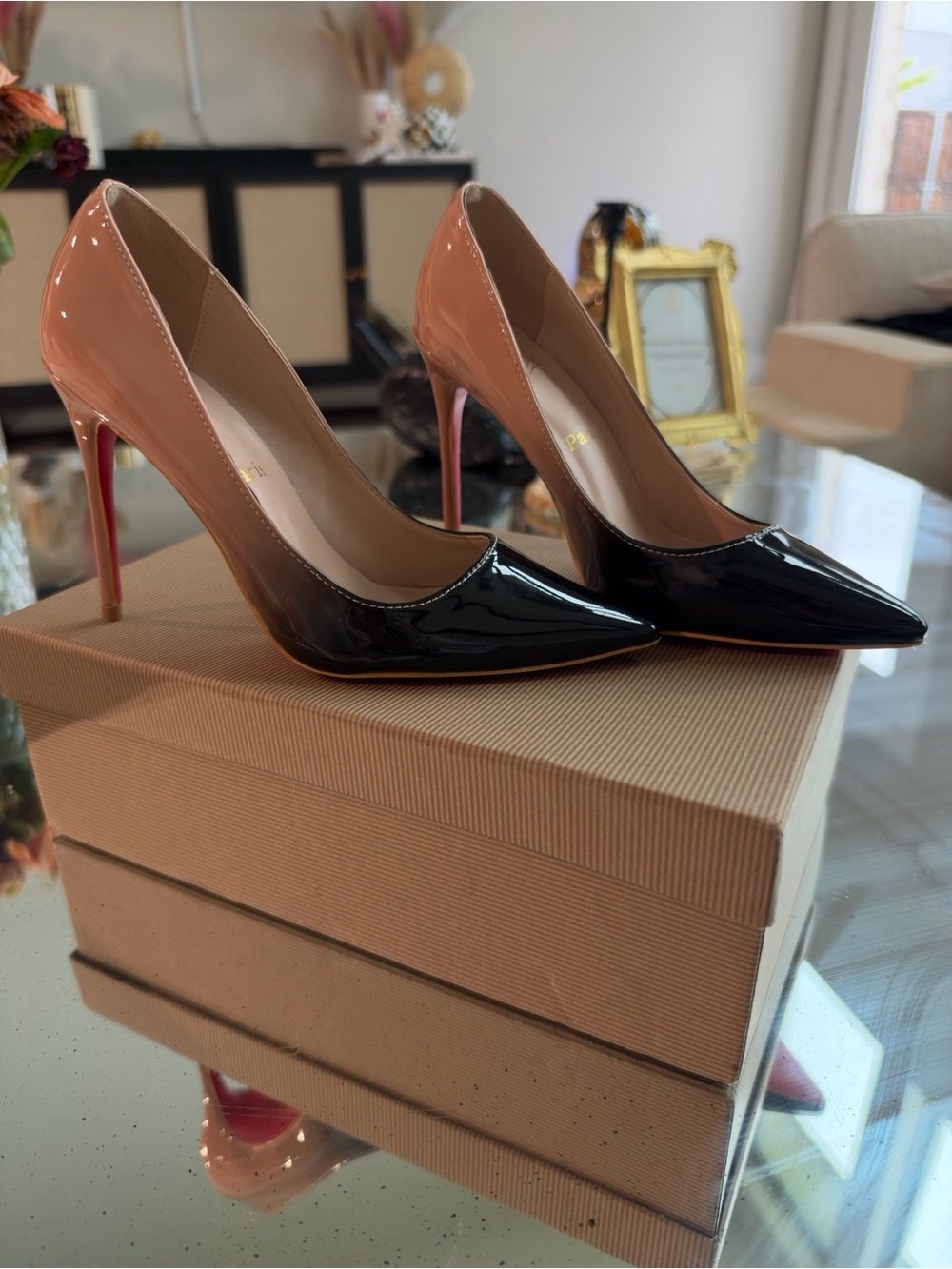 Christian Louboutin Black and Nude Patent Leather Pointed Toe Pumps